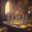 Placeholder: dynamic lighting, Intricately detailed, Splash screen art, deep color, Unreal Engine, volumetric lighting, silver coins, gold coins, silver treasure, stacked coins, indoors, altar, black table, sigil, shiny, windows, cathedral,