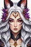 Placeholder: create an ethereal, darkly magical ,Kitsune sorceress with highly detailed and deeply cut facial features, precisely drawn, boldly lined and colored