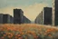 Placeholder: Strong brushstrokes of Impasto. The silhouette of a row of 10-storey prefabricated buildings in Eastern Europe in the south, in strong sunlight. A deserted city, the houses overgrown with vegetation. Close-up, a patch of flowers could be seen in a crack in the concrete road. Crows flit in the background.