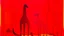 Placeholder: The painting features a vibrant red background with a gradient that transitions from a deeper red at the top to a lighter red at the bottom. On the left side, there are two elongated, slender figures with elongated limbs, resembling stylized animals or creatures, with one figure appearing to be holding a smaller, similarly shaped figure. The right side of the painting shows a similar figure, also with elongated limbs and a small, detailed structure at the bottom. The figures are outlined in a th