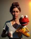 Placeholder: Waist up Portrait, hybrid character, waitress woman with monster muppet mask that covers her entire head, retro style, Sesame Street style, smooth, unreal engine 5, god lights, ray tracing, RTX, lumen lighting, ultra detail, volumetric lighting, 3d.