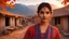 Placeholder: The image should depict a serene evening scene of a traditional Pakistani village at sunset, featuring a (closeup face view of a) young woman adorned in a vibrant red and blue checkered dress, surrounded by rustic houses, thick trees with orange dry leaves falling and breathtaking mountain landscapes along with lots of dry orange leaves fallen on the ground, bathed in soft golden light and dramatic hues of orange, pink, and purple.