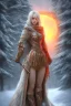 Placeholder: Beautiful medieval girl, wearing fantasy suit, glowing orange suit, snow mountain background, snow, fur cloak.