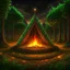 Placeholder: Camp fire, Rainy Night, highly detailed with lush forests, green leafs, flowers, pagan temple with runes, high resolution, 24k, ornate, intricate, complex, digital painting, smooth