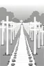 Placeholder: landscape, open air flat cemetery with thousand crosses, manga style, grayscale