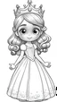 Placeholder: black and white, ((white background,)) coloring drawing page, cartoon, style pixar, line art, All body, beautiful cute princess, simple dress, with cute hair and eyes, sparkles,