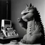 Placeholder: Godzilla as a muppet kawaii calling phone using a nokia, studio photo. Magazine 1970