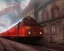 Placeholder: landscape of a vintage red train pulling into a station, hogwarts express, platfrom 9 3/4, dynamic lighting, dynamic movement, DSLR, panorama, wide-angle lens, perspective