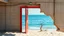 Placeholder: A bright red door is partially open, set against a backdrop of calm blue ocean waters and a sandy beach. The wall around the door is weathered and peeling, with exposed concrete and some electrical wires visible. The scene has a tranquil yet surreal quality, with gentle waves lapping at the shore and hints of sunlight illuminating the area. Beachfront surreal distant photo, archival pigment print, minimal composition, serene vibe, amazing reflections, liminal space, liminal vibe, unnerving