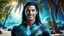 Placeholder: beautiful gorgeous young man na'vi with long hair, Avatar, blue skin, two small ears, green eyes, black hair, in cosmic suit, galactic ambiance, smiling, with spaceship and planets and palm trees and clear crystaline cosmic beach in background