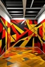 Placeholder: Create handpainted wall mural with geometric shapes dynamically dissected by bold lines, reflecting the vibrant and dynamic spirit of Vorticism. Use red, yellow, and black for an energetic composition