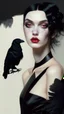 Placeholder: painting by koson ohara and marta bevacqua, portrait of a beautiful goth woman with black hair Caress a crow, wearing a black dress, 8k, high quality, highly detailed full body