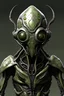 Placeholder: humanoid, greyish green appearance, the face is a featureless surface with spider eyes, covered in insectoid shell-like armour,