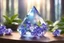 Placeholder: crystal munltifaceted prism well defined shining light blu with plants violets well definted shining magical landscape with light shining drops