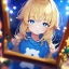 Placeholder: Clear focus, High resolution, A anime kid, cute, rough line skecth, star around kid, sparkling eyes, medium fluffy blonde hair, blue sparkling eyes, 1girl (solo)