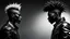 Placeholder: two Afro-American males facing each other in profile, confrontational stance, high-contrast black and white, deep shadows, bright rim lighting, dark studio background, punk spiked mohawk hairstyles, metallic reflective jackets, skin highlights, intricate chrome ear frames and jawline exoskeleton jewelry, biomechanical ear cuffs, sculptural contours, sharp silhouettes, cinematic low-key photography, cyberpunk aesthetic, symbolic duality, tension, dramatic