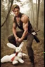 Placeholder: hot man fighting in the hunger games, holding a stuffed bunny