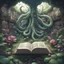 Placeholder: A garden with eerie plants and floating books and surrounded by infinite tentacle walls, in digimon art style