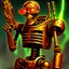 Placeholder: 90's TCG art retro fantasy art of rusted skeleton robot with laser gun