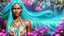 Placeholder: Photo realistic portrait of a gorgeous smiling skinny polynesian goddess with a golden dark shining skin, long smooth clear turquoise blue and pink white hair, blue eyes, in a sci-fi outfit with luminous strikes blowing a kiss in a hill of flowers with sakura trees, a waterfall, a crystal palace, loads of mini flowers, moss, sun rays through the branches, particles in the air at spring