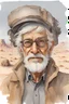 Placeholder: saturated Watercolor paint of strange good man, 75 year old, brown eyes, prescription glasses, gray hair, gray beard, dressed as a cyberpunk explorer of the desert in the style of Elik Bilal. Around the man there is a strange kind of objects