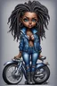 Placeholder: create an airbrush illustration of a chibi cartoon voluptuous black female wearing a blue jean outfit with biker boots. Prominent make up with hazel eyes. Extremely highly detail of a twisted dreadlocks. Background of a bike show.