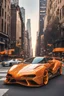 Placeholder: creates a concept supercar in '80s style with a retro-futuristic bodywork in orange and gold on a street of New York, with a bright sky