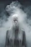 Placeholder: a woman's face from very thick white smoke and fog in the shape of barely visible, ghost-like face lot of white hair, many fog in background, surreal style