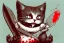 Placeholder: Cat diabolical smiling with a bloody knife with blood. Illustration.