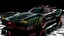 Placeholder: batmobile concept inspired from a 2025 ford mustang dark horse with a large elaborate spoiler and batman symbol style fins, batman symbol in grille, lower wind deflector. red stripes like 1960s adam west batmobile