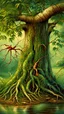 Placeholder: Bosch painting style , old willow tree by the river , a lovely ducks is swimming in the river