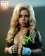 Placeholder: portrait, Shakira, blonde artist, angry, Realistic image, MMA robe, hoodie, mma gloves, loose long hair, eyes make up, gold line make up, moisture, sweat, fog, Neon colors, leds. Black background, photo studio, concept art, smooth, unreal engine 5, god lights, ray tracing, RTX, lumen lighting, ultra detail, volumetric lighting, 3d, finely drawn, high definition, 4k.