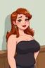 Placeholder: In a realistic, non-anime, cartoon style like: body shot of 40-year old chubby redhead with thick red lips and smoky eyes with long lashes who looks like Jewel DeNyle