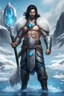 Placeholder: 1 mana warrior, with blue eyes and black hair man in silver Viking armor with fur around the neck with blue crystal on his chest , standing in water in the artic, holding a ice axe, warrior in anime style,