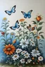 Placeholder: painting of 1 flower plant going up with butterflies around it in the very center back ground white