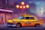 Placeholder: study of cell shaded cartoon of a hotrod taxi cab with blower on bonnet, infront of a store front, custom, road, illustration, vivid colors, post grunge, highly detailed, sharp focus, alien, centered perspective view, concept art by sam curry