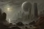 Placeholder: Grey sky, planet in the sky, rocks, mountains, sci-fi, friedrich eckenfelder impressionism paintings