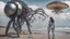 Placeholder: Wide-angle shot of a woman, standing to one side, with dark hair in a silver robotic catsuit, standing on a beach, flying mushrooms with octopus tentacles floating above her