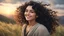 Placeholder: Hyper Realistic Close-up-Photographic-View of Beautiful Curly-Black-Haired-Pashto Girl Smiling & whirling on mountain top with tall grass & cold-breeze along with a tree & cloudy-sunset behind showing dramatic & cinematic ambiance