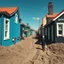 Placeholder: Fotografia di strada blu gioioso weirdcore dai colori vivaci. Max Ernst. Le case sono dipinte di nero chiaro con g stilizzate e dettagli. Ci sono, che danno un senso distopico e molto surreale, disposte in modo casuale. L'atmosfera generale sembra noiosa e onirica, con un contrasto tra elementi reali ed elementi dipinti. Persona finta cammina. Tutto è sotterrato da decine di metri di fango