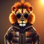 Placeholder: Lion toddler, smile, steampunk headphone, sunglass, gangsta neckless, full body, orange puffer jacket, tokio background, dramatic lighting, hyper realistic, unreal engine 5, 16k