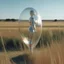 Placeholder: A photo of a transparent balloon shaped as a woman, in the middle of a prarie.