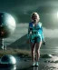 Placeholder: Ultra Realistic retro sci-fi 1960 scene, waist up view portrait, blonde woman, sweet young Marilyn Monroe face, perfect iris, tight latex coat, alien planet background, tight style, steel sphere dron levitating, fog, rain, soft color, highly detailed, unreal engine 5, ray tracing, RTX, lumen lighting, ultra detail, volumetric lighting, 3d, finely drawn, high definition, high resolution.