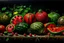 Placeholder: Still life oil painting depicting multiple vibrant watermelons against a dark toned background from a distance. Ripe and juicy, sliced open in several patterns, rich red interior visible, seeds visible, glossy texture, fresh green stems, contrasting bright colors, tropical fruit setting, artistic interpretation, detailed realism, bright colorful palette and paint texture, natural light, high resolution, Showcase texture and detail, by botanical painter. Blurred outlines.Looks delicious. Modifier