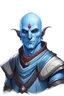 Placeholder: Generate me a normal human male D&D character with blue skin and is bald. They should also have red eyes. The background should be solid white.