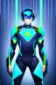 Placeholder: cyberpunk, neon blue, high technology, geometric figures, orbiting figures, cyberpunk suit, black and blue, epic, rain, neon blue suit, geometric figures orbiting around suit, exosuit, male