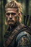 Placeholder: photorealistic hyperdetailed portait of 20-year-old german male, as mercenary with long blonde undercut hair, tribal tattoos and neatly trimmed beard wearing modern mercenary uniform dark fantasy forest backdrop