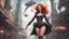 Placeholder: A photorealistic image of a red-haired, slender, witchy woman, winking and smiling, in a one-piece steampunk outfit and stiletto boots, walking through a futuristic city with flying machines.