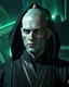 Placeholder: star wars bald male corellian jedi pilot wearing black and gunmetal grey old republic armored robes with gold trim inside the jedi temple holding a lightsaber with viridian green blade in left hand, centered head and shoulders portrait, hyperdetailed, dynamic lighting, hyperdetailed background, 8k resolution, volumetric lighting, light skin, fully symmetric details