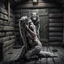 Placeholder: in the middle of a wooden hut an pale gray body hair pregnant anthropomorphic wolf woman creature kneeling, crying and covering eyes with her pawes, in background in the door stands dark gray body hair anthropomorphic wolfman and looking the female wolf. high contrast, high detalied, high realistic, sharp focus. The atmosphere is a seamless blend of sci-fi, dark fantasy